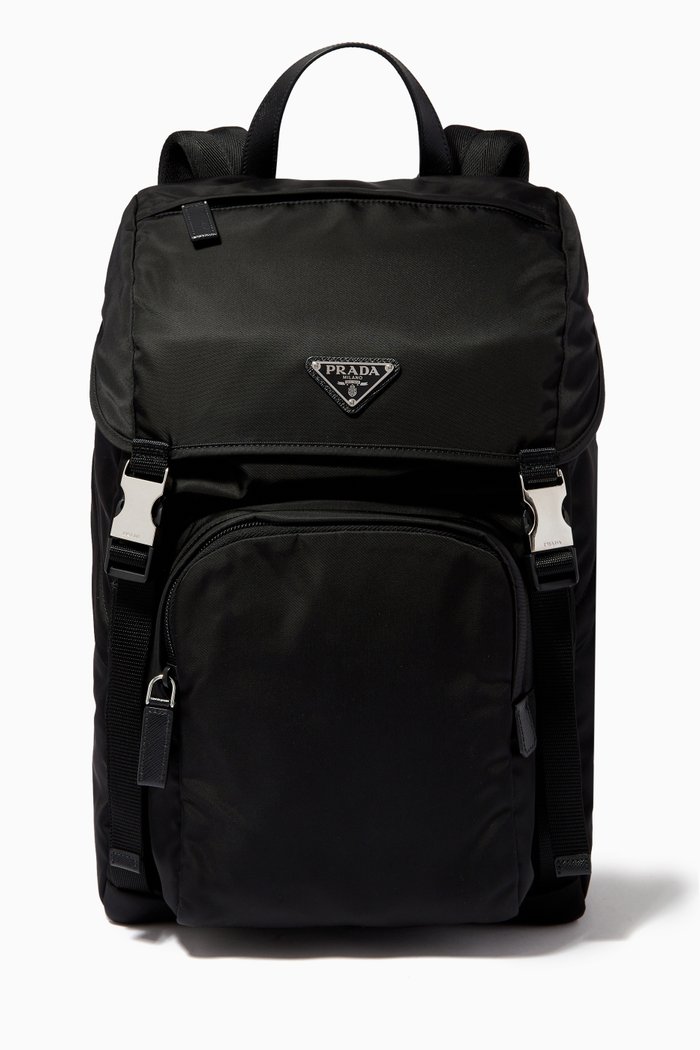 

Triangle Logo Backpack in Re-Nylon & Saffiano Leather, Black