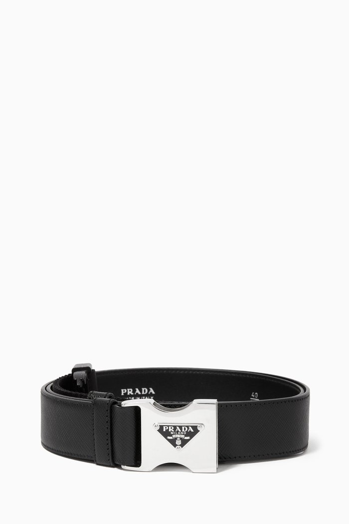 Enamelled Triangle Logo Belt in Saffiano Leather, Black