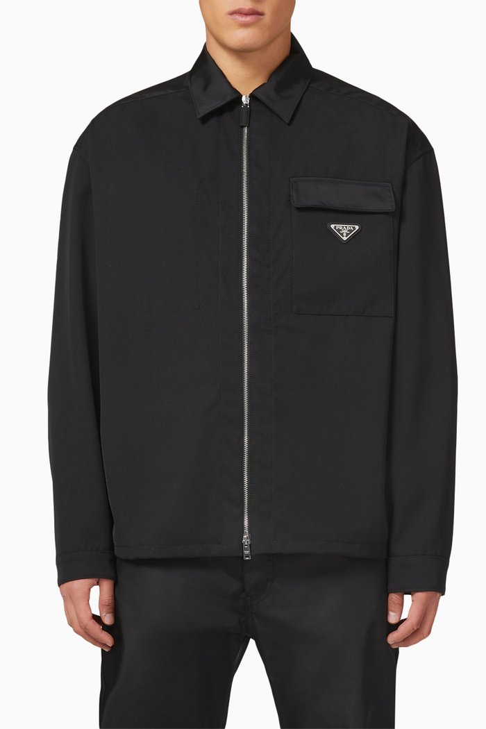 

Garbadine Zip-up Shirt in Wool, Black