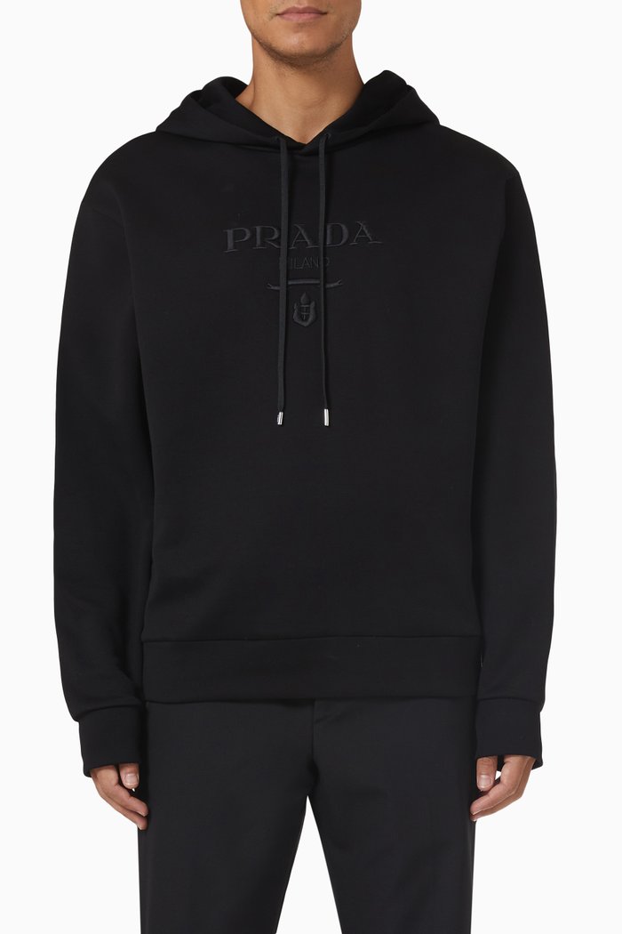 

Embossed Logo Hoodie in Cotton Fleece, Black