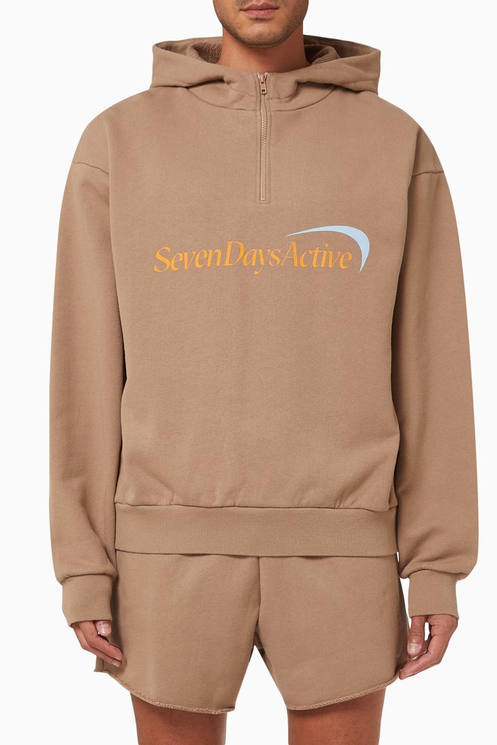 Half Zip Hoodie in Cotton, Brown