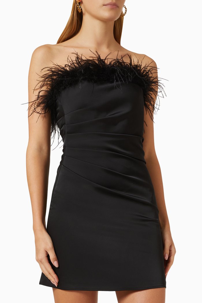 

Feather Trim Mini Dress in Crepe, Black
