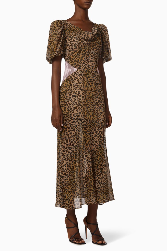 

Gladys Leopard-print Midi Dress in Chiffon, Brown