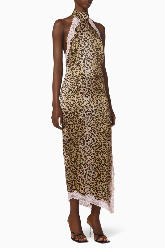 

Fuego Leopard-print Midi Dress in Satin, Brown