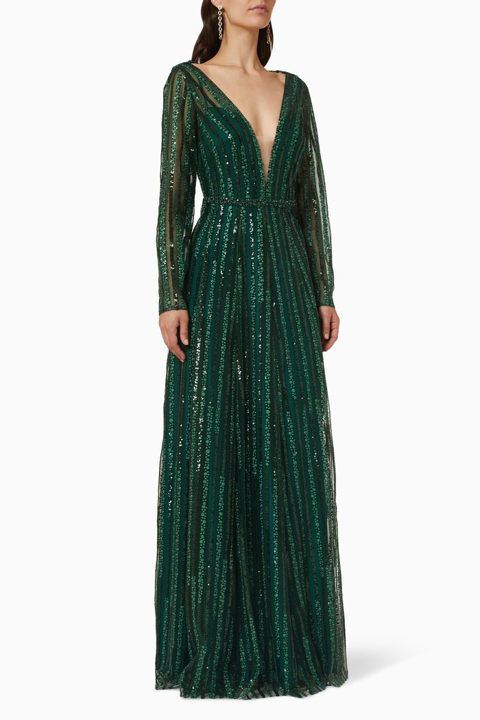 

Plunging Gown in Sequins, Green
