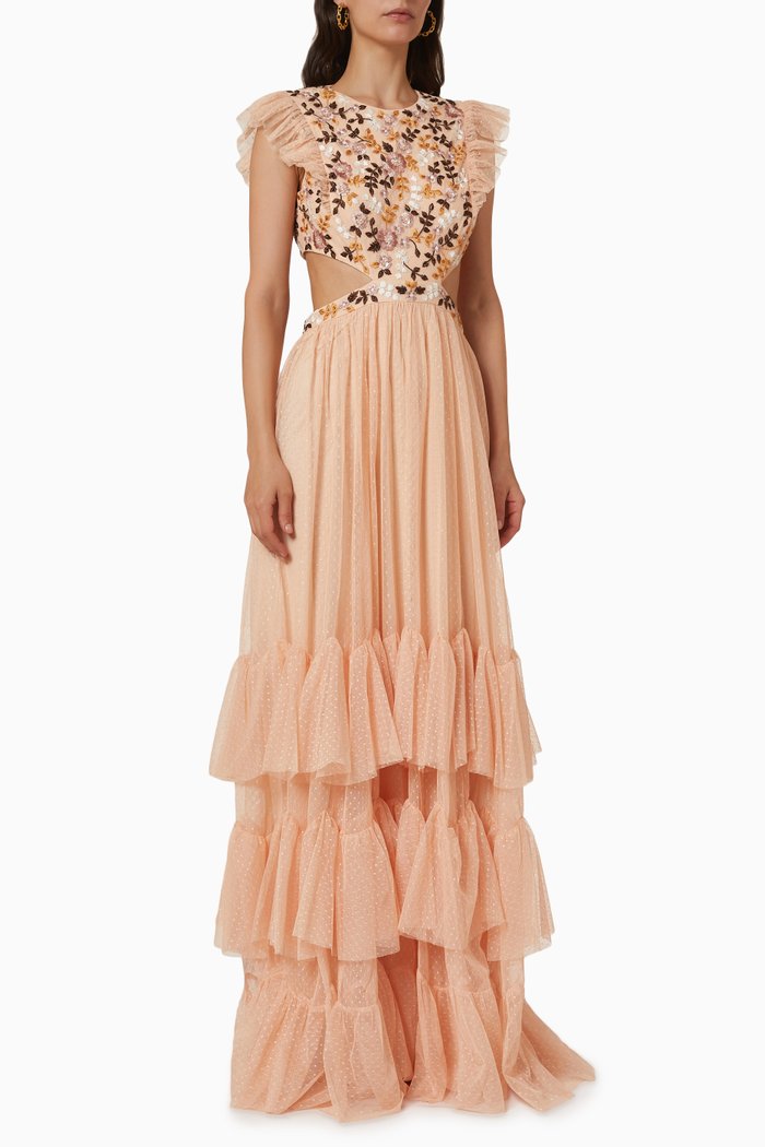 

Embroidered Bodice Maxi Gown in Tulle, Pink
