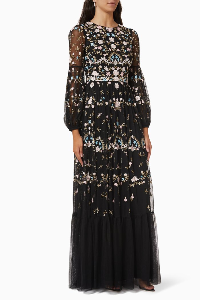 

Floral Embroidered Maxi Dress in Tulle Mesh, Black