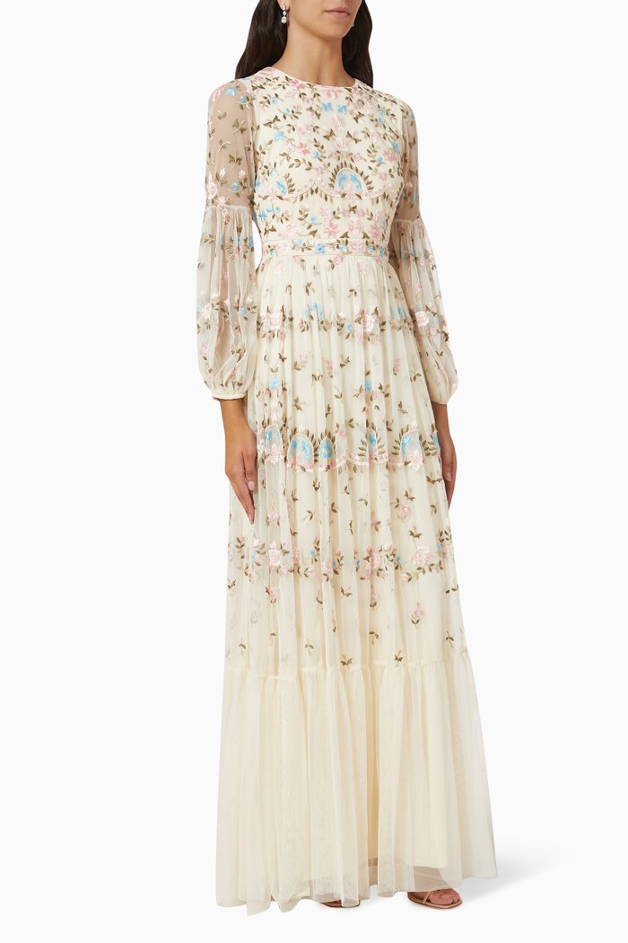 

Floral Embroidered Maxi Dress in Tulle Mesh, Neutral