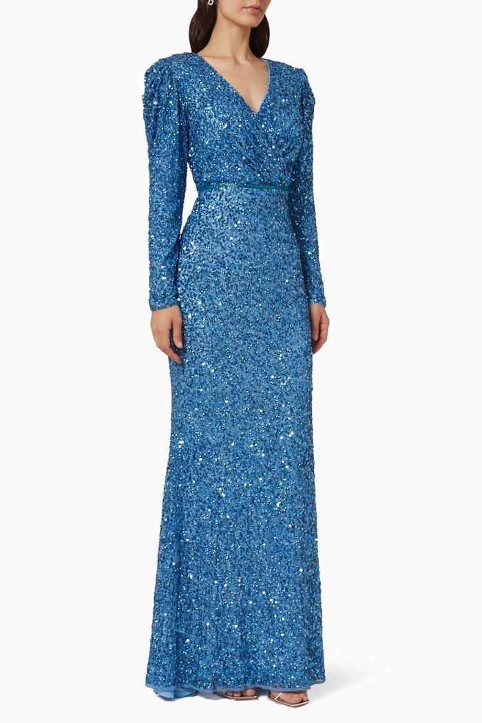 

V-neck Sequin Maxi Gown, Blue