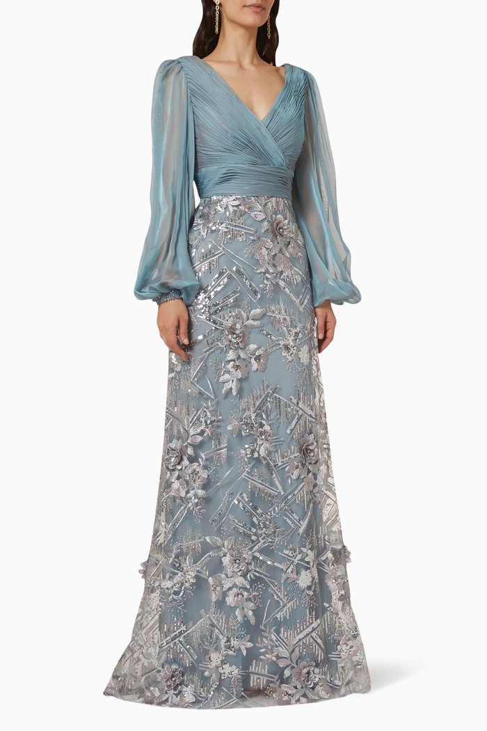 

Sheer Sleeves Embellished Gown, Blue