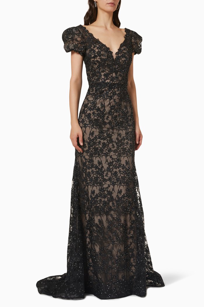 

Floral Lace Puff-Sleeves Gown, Black