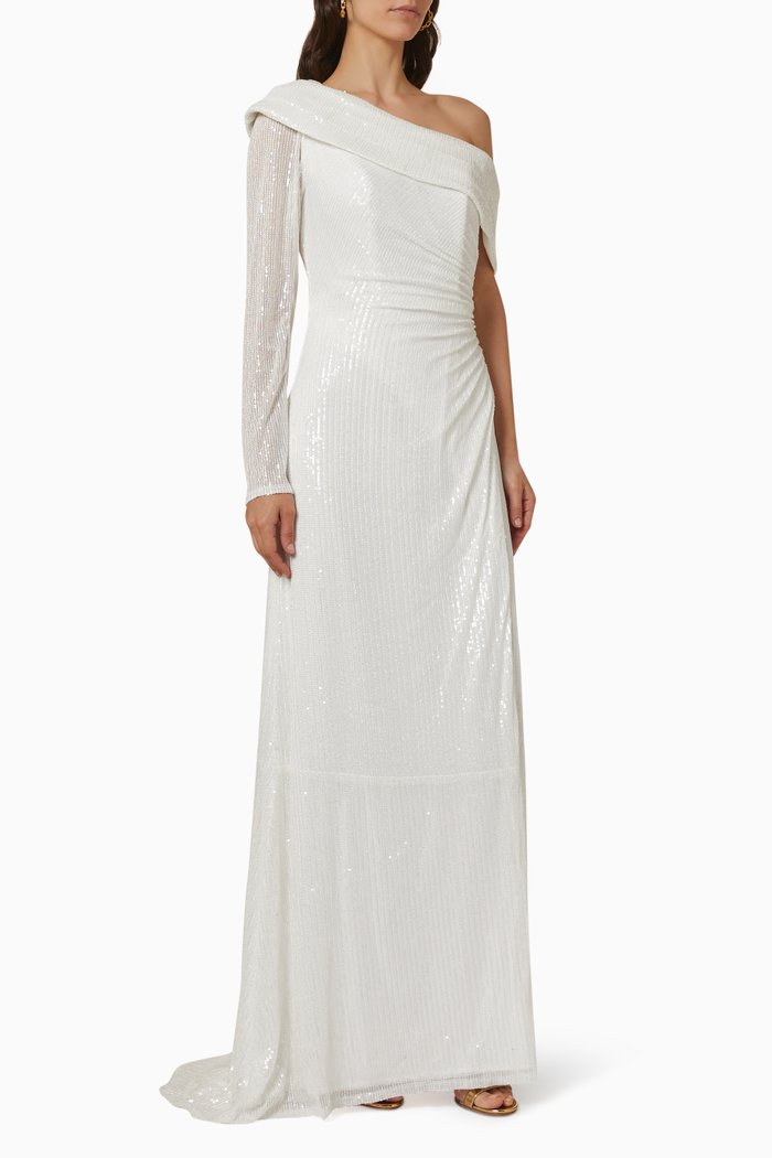 

One-shoulder Sequin Gown, White