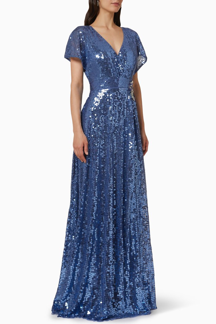 

Crystal-Brooch Sequin Gown, Blue