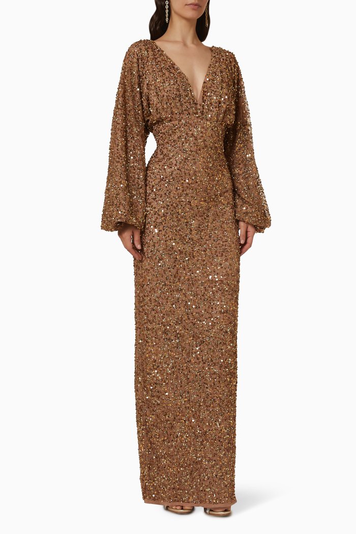 

Puff Sleeves Sequin Gown, Metallic