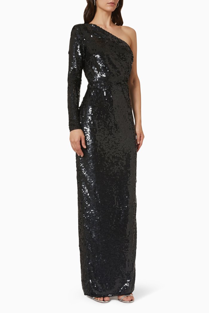 

One-shoulder Sequin Gown, Black
