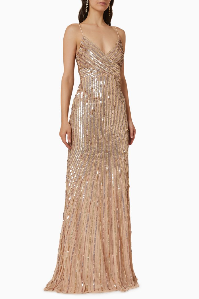 

Spaghetti Straps Sequin Gown, Gold
