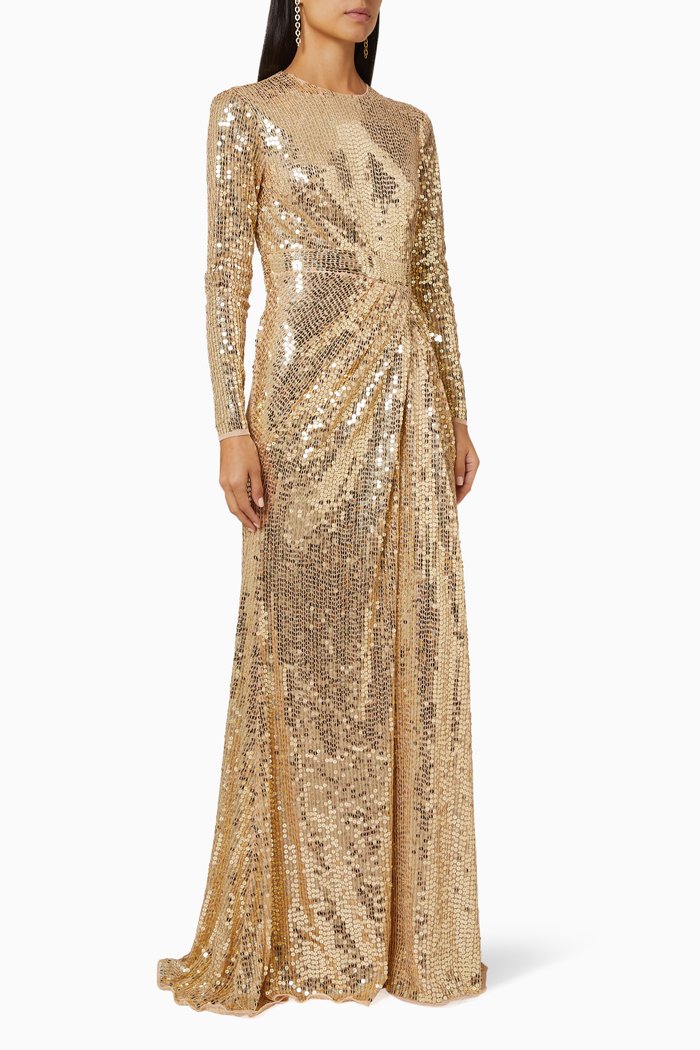 

Draped-Detail Sequin Gown, Gold