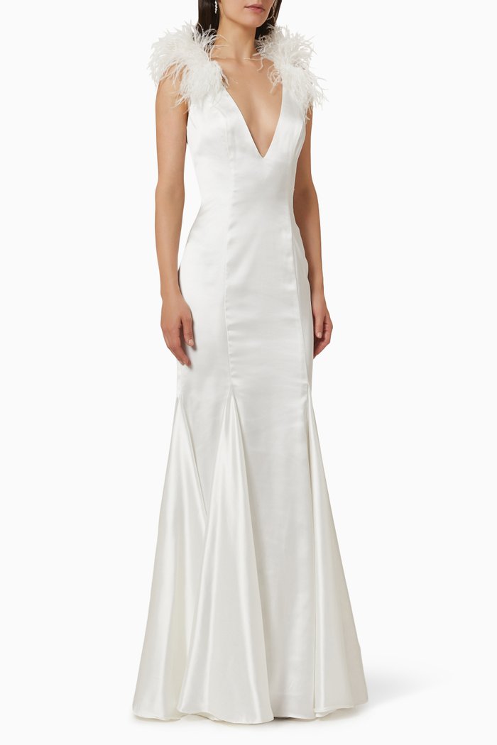 

V-Neck Feather Column Gown, White