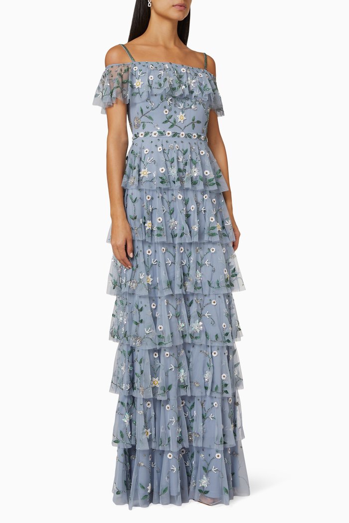 

Off-The-Shoulder Embroidered Gown, Blue