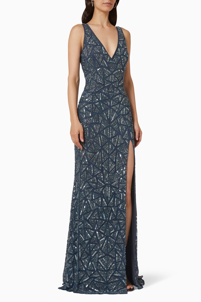 

V-Neck Sleeveless Embellished Gown, Blue