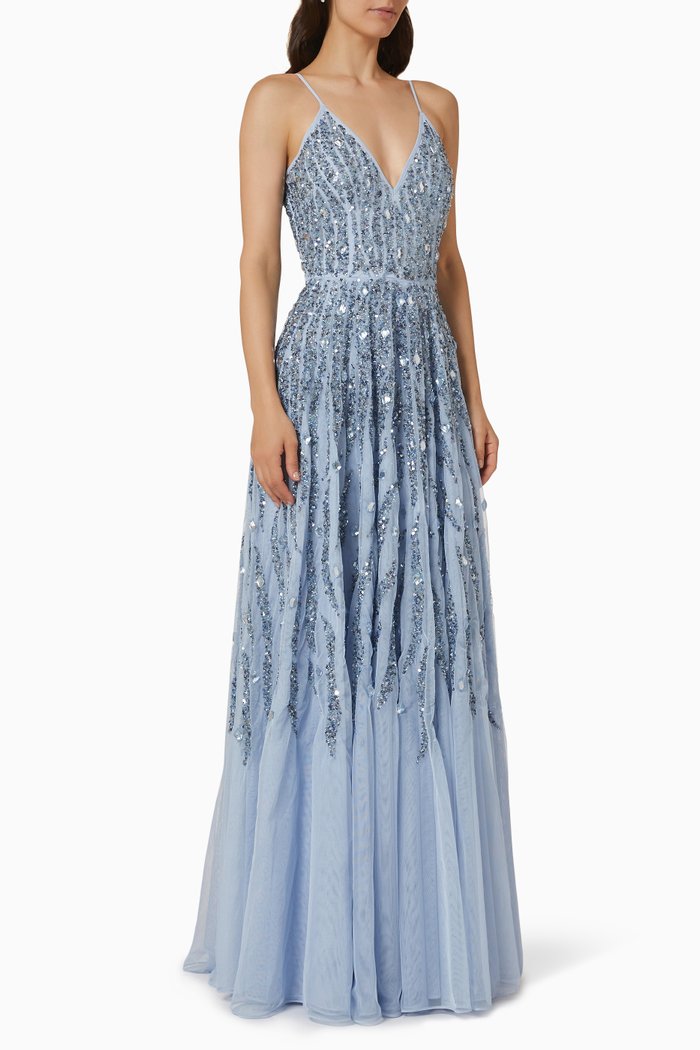 

Spaghetti Straps V-Neck Sequin Gown, Blue