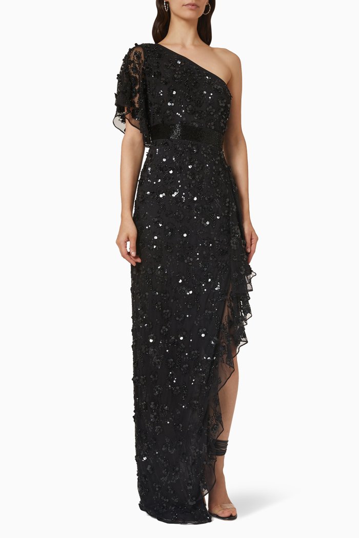 Beaded One-shoulder Gown, Black