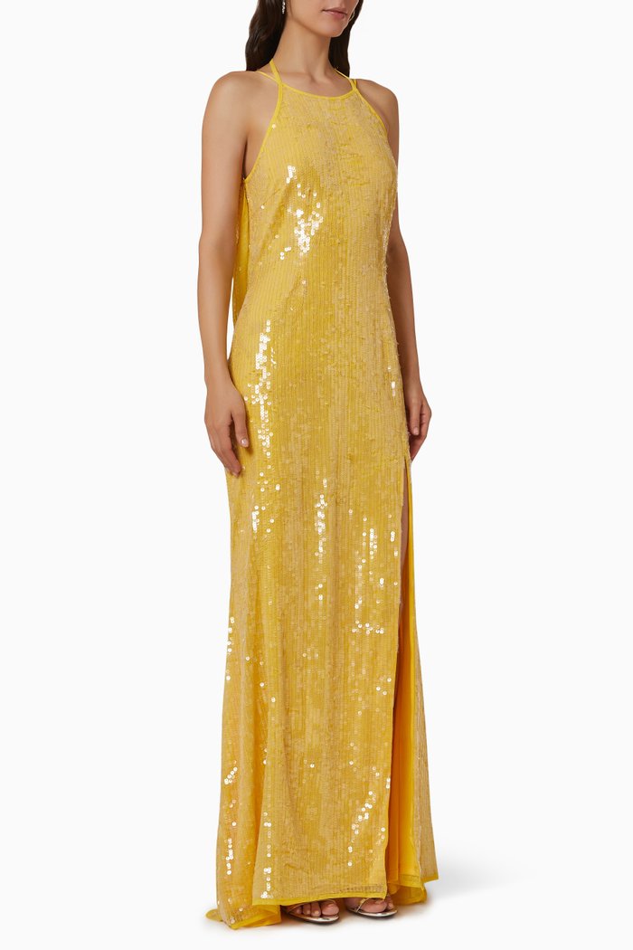 

Open Back Sequin Gown, Yellow