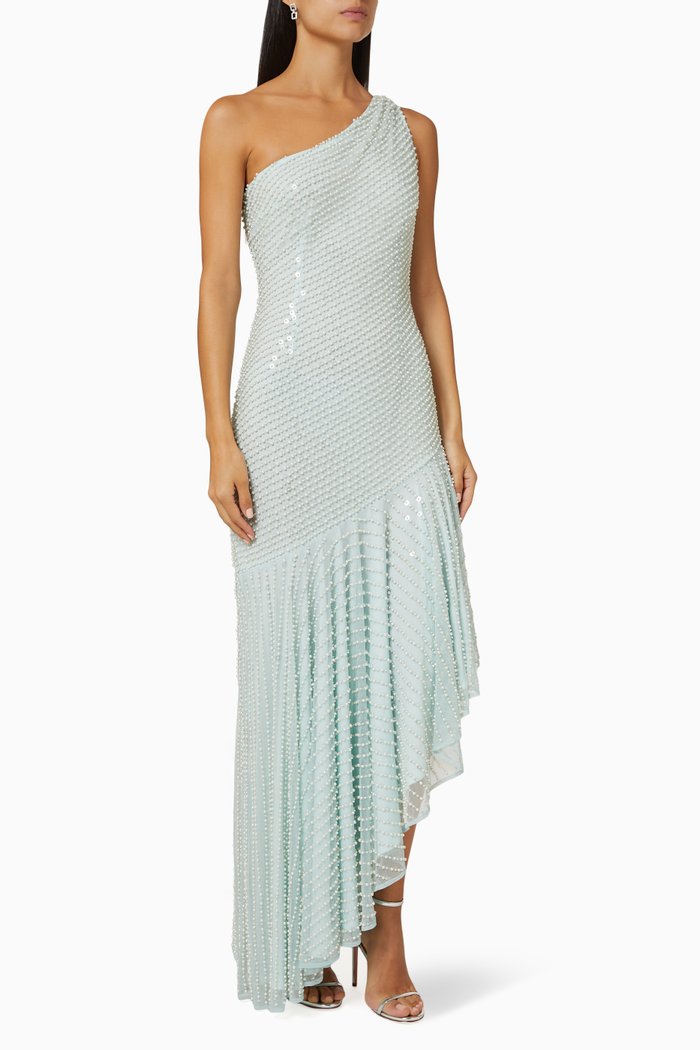 

One-shoulder Pearl Gown, Blue