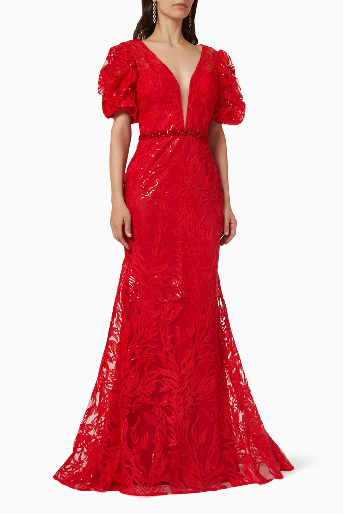 

Embroidered Lace Gown, Red