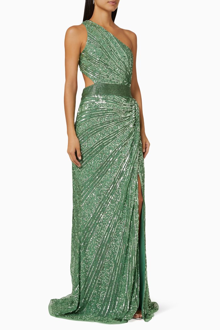 One Shoulder Gown in Sequin, Green