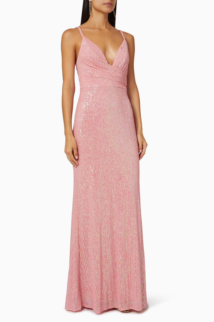 

Draped V-neck Sequin Gown, Pink