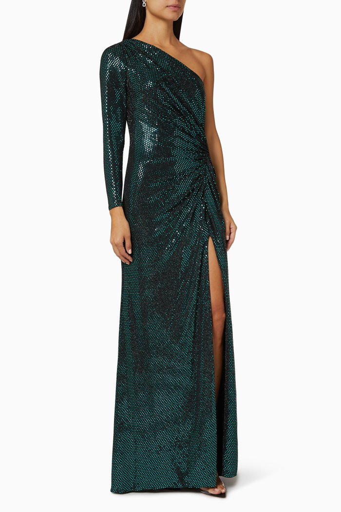 

One-shoulder Sequin Gown, Green