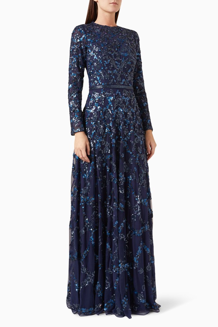 Illusion Embellished Gown, Blue