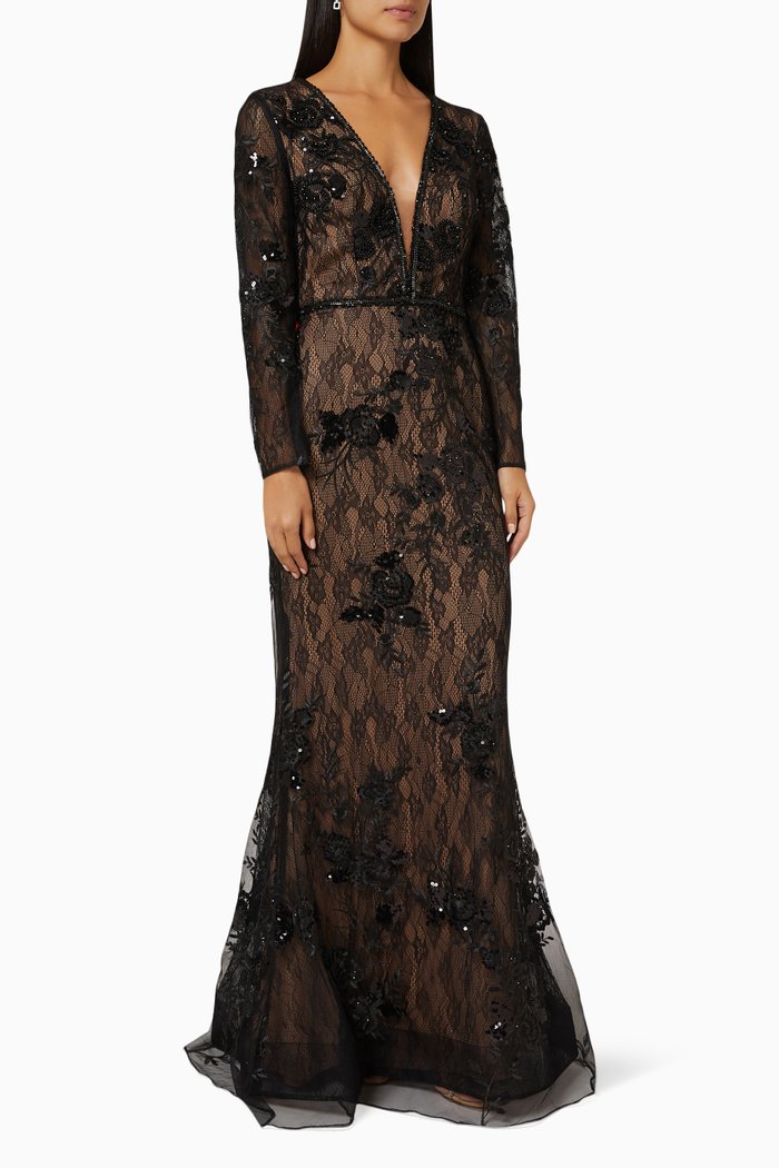

Floral Embroidered Maxi Dress in Embroidered Lace, Black