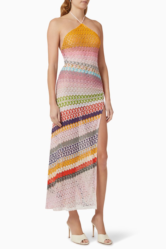 

Crochet Halter Beach Maxi Cover Up in Viscose Knit, Multicolour
