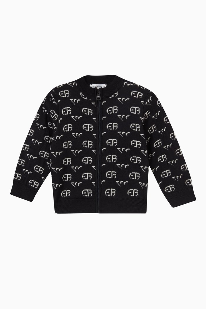 

Logo Print Cardigan in Wool Knit, Blue