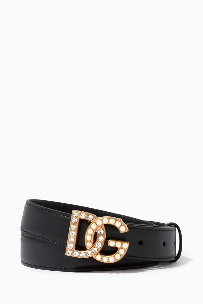 

DG Rhinestones & Pearls Belt in Leather, 25mm, Black