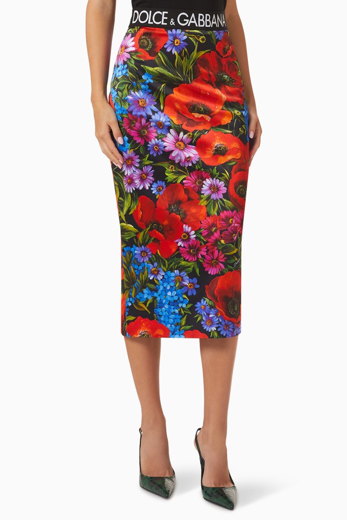 

Meadow-print Midi Skirt in Stretch-satin, Blue