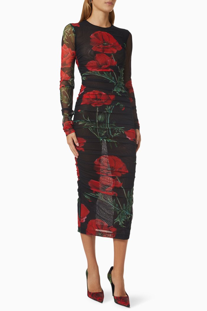 Rose-print Poppy Midi Dress in Tulle, Red