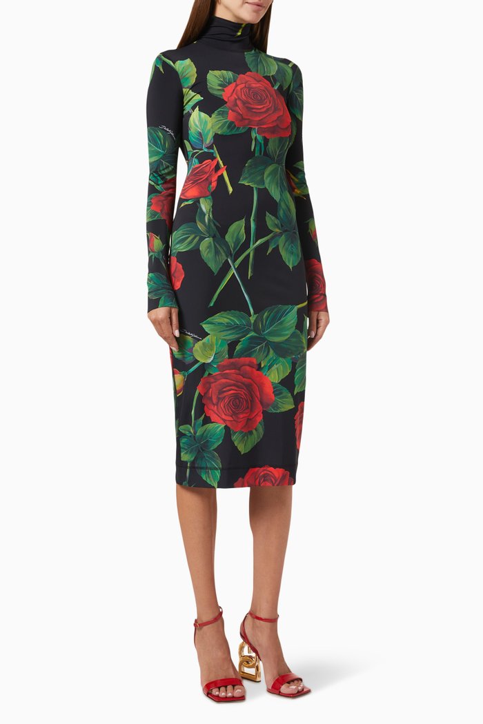 

Rose-print Midi Dress in Spandex-jersey, Red