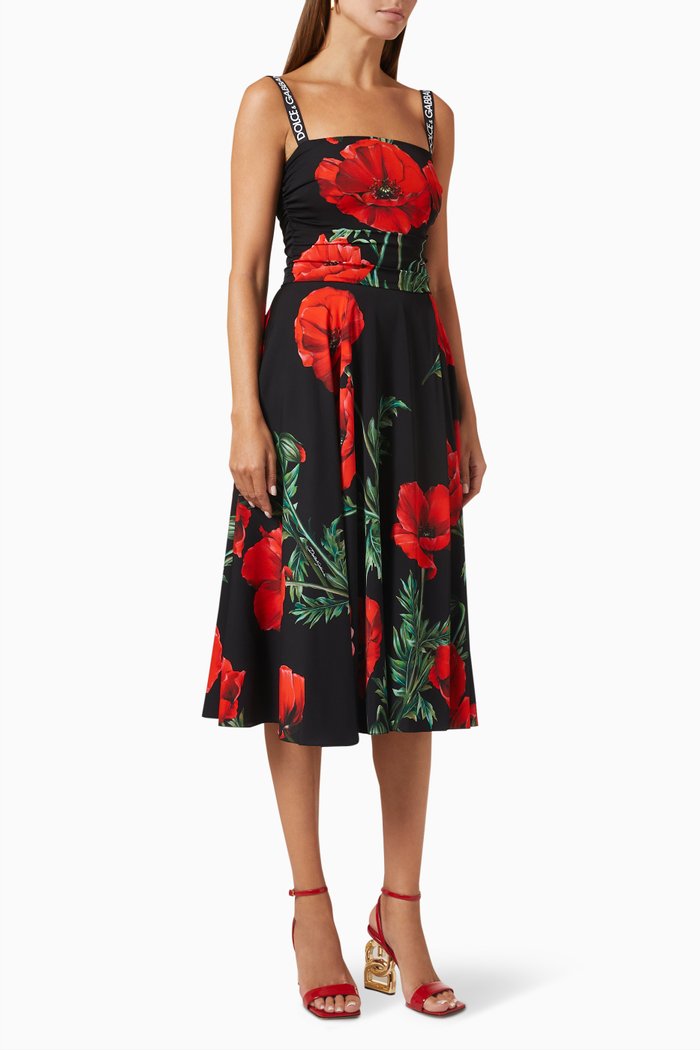 

Floral Midi Dress in Silk, Red