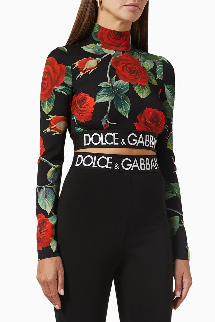 

Roses-print & Logo-tape Crop Top in Silk-charmeuse, Red