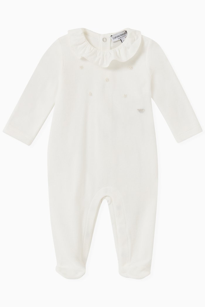 

Flower Embroidery Sleepsuit in Cotton, White