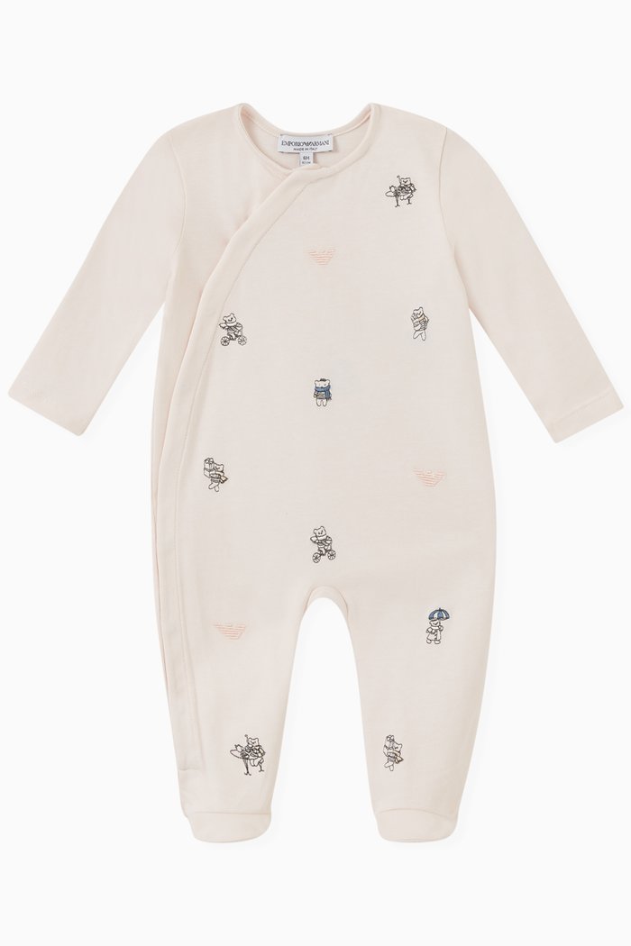 Logo Teddy Bear Sleepsuit in Cotton, Pink