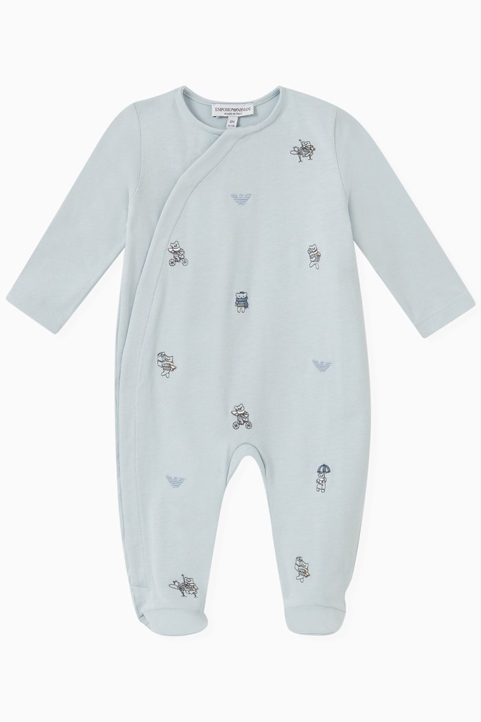 Logo Teddy Bear Sleepsuit in Cotton, Blue
