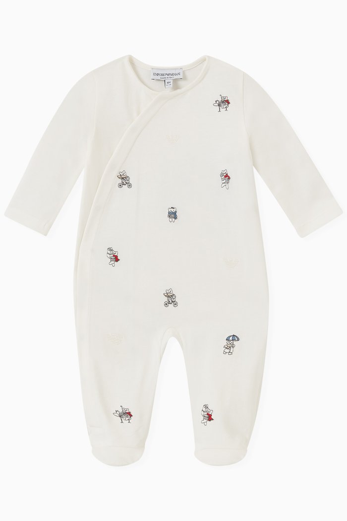 Logo Teddy Bear Sleepsuit in Cotton, White