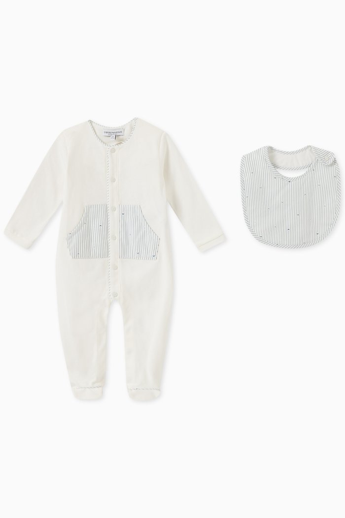 

EA Striped Logo Sleepsuit & Bib Set in Cotton, White