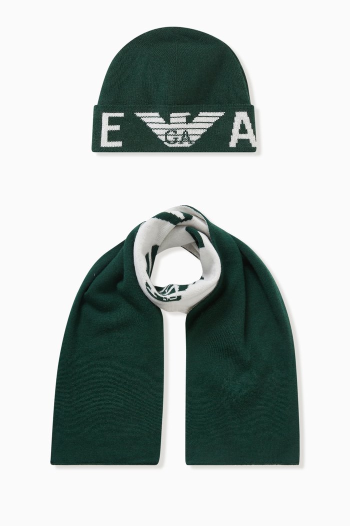

EA Logo Beanie & Scarf Set in Wool-knit, Green