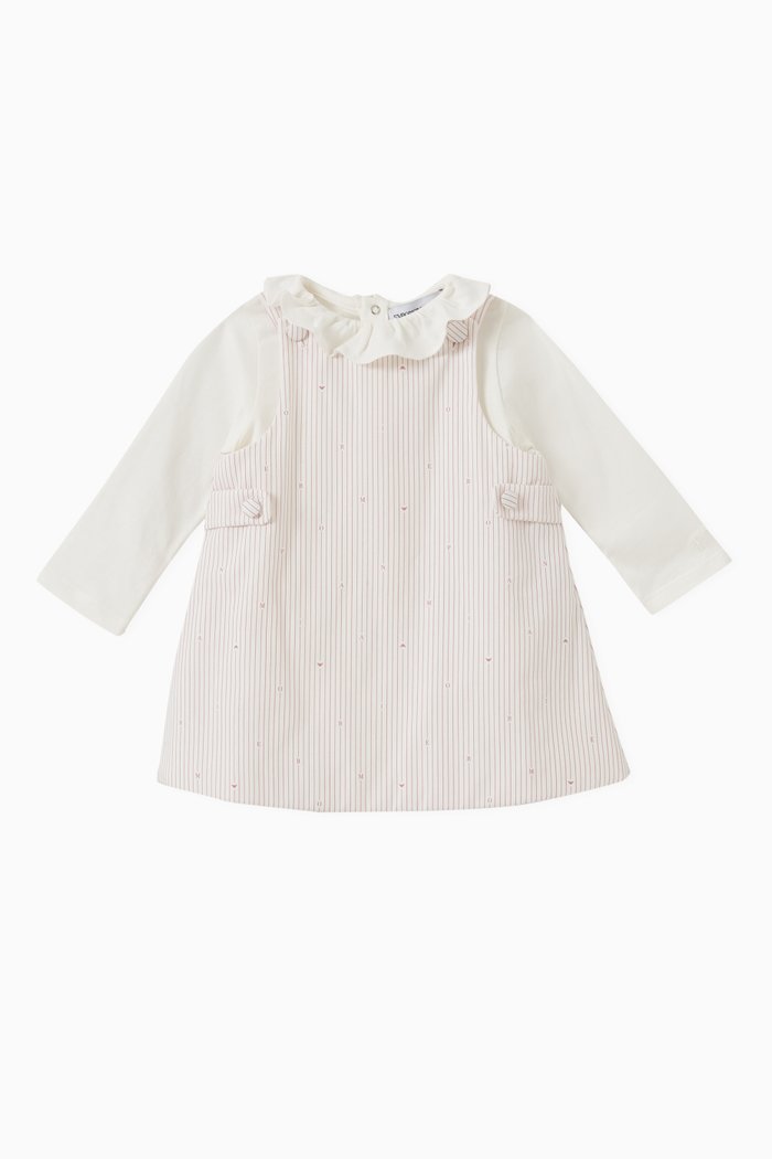 

Striped Logo Dungaree & Romper Set in Cotton, Pink