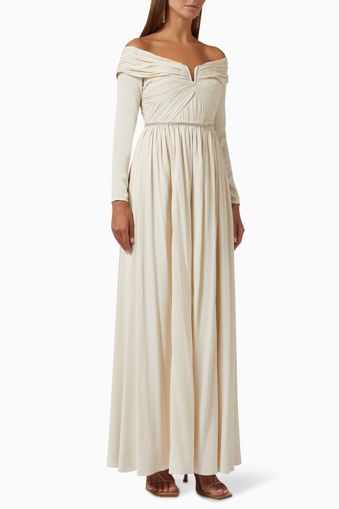 

Pleated Maxi Dress in Stretch Crepe, Neutral
